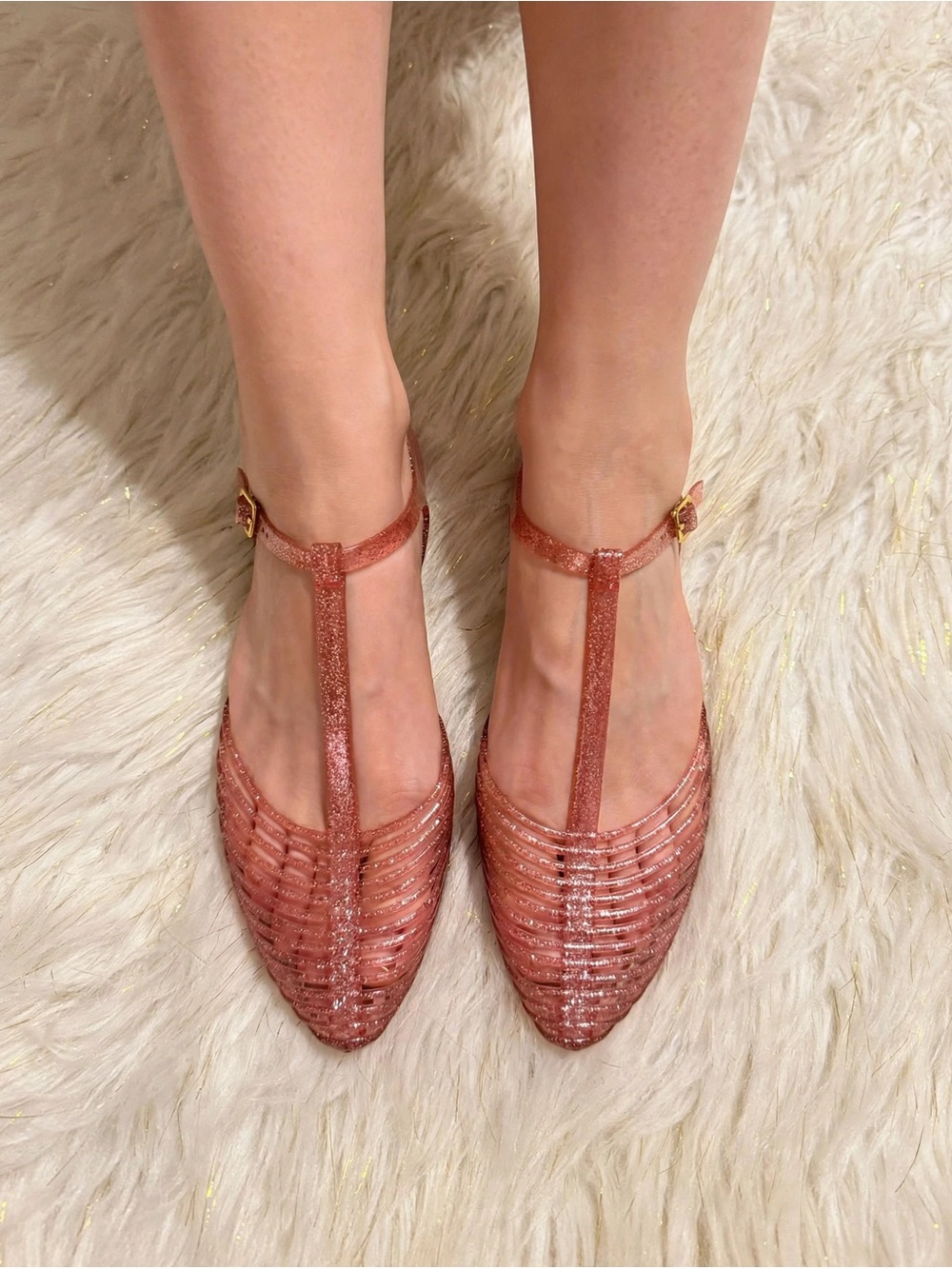 Pink Glitter T-Strap Pointed Sandals